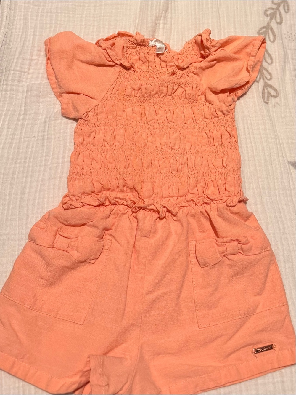 Girls Peach Smocked Short Sleeve Dress